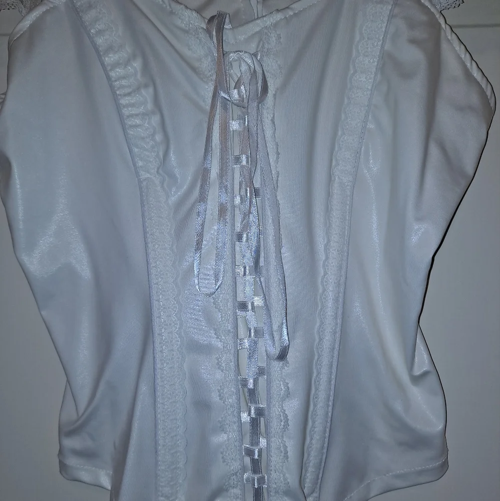 White lace short sleeve corset lace up high low lingerie top y2k shirt - Picture 14 of 14